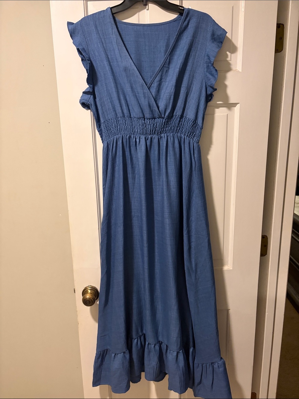 SHEIN Blue V-Neck Ruffle Sleeve Maxi Dress